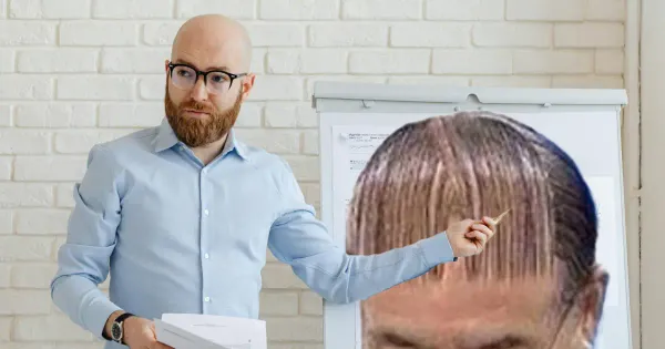 a Japanese salaryman attempting the infamous "barcode" combover